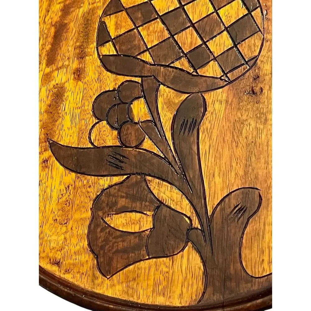 VINTAGE Folk Art HANDCRAFTED Wood Tray CARVED Plate Pineapple Hand 14” 3010-28